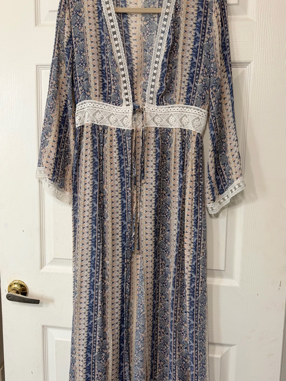 Rebellion Again Striped Long Kimono Duster Robe with Lace